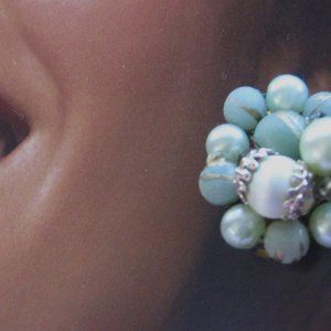 Vintage Japan Cluster Clip Earrings 1950's Green Lucite Beads Beaded Retro